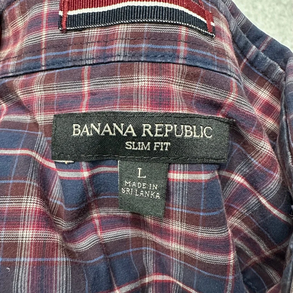Banana Republic Mens Slim Fit Western Plaid Snap Front Shirt Navy Burgundy Large